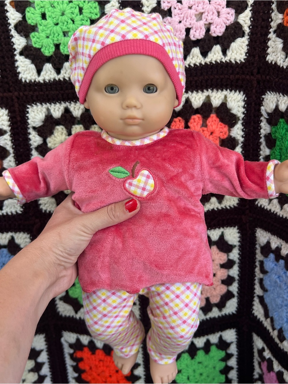 American Girl Bitty Baby Doll Outfit Pink Velour Apple Gingham Hat & Pants Set